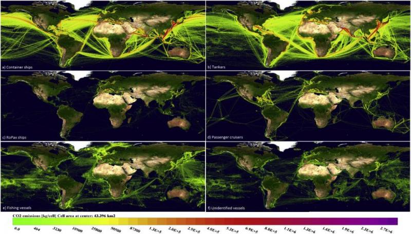 Six maps showing the global distribution of the CO2 emissions for selected ship types and unidentified vessels in 2015. Source - Atmospheric Environment 2017. 