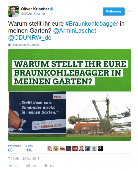 Twitter message by Green politician Oliver Krischer in response to a CDU campaign poster. Source - Twitter.