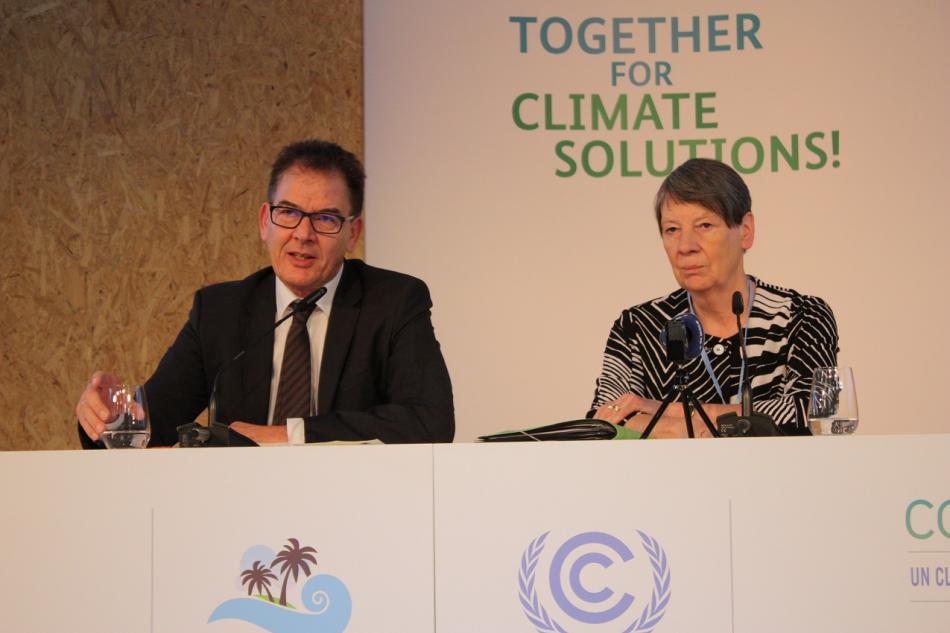 German development cooperation minister Gerd Müller and environment minister Barbara Hendricks at a press conference ahead of the opening of the COP23 in Bonn. Source - CLEW 2017.