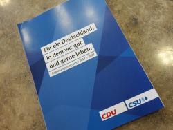 Joint election programme by the conservative alliance of German Chancellor Angela Merkel’s CDU and its Bavarian sister party CSU. Photo source - CLEW 2017.