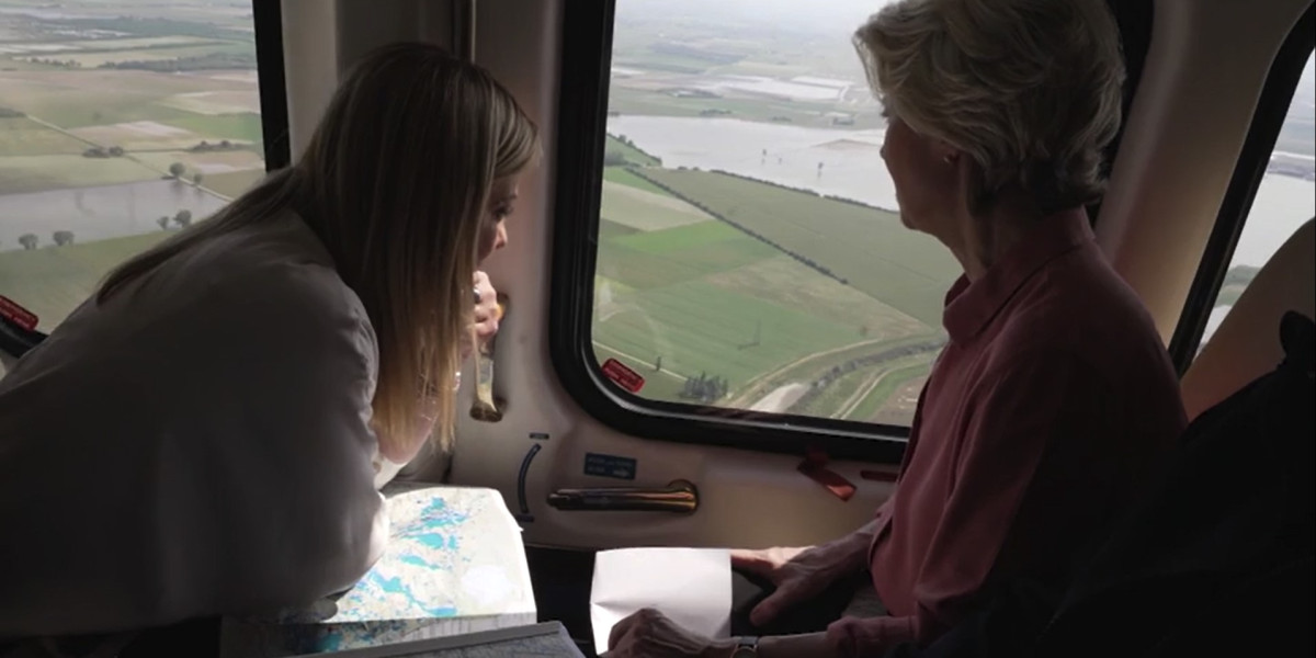 Italian prime minister Giorgia Meloni and European Commission president Ursula von der Leyen visited the areas affected by flooding and landslides in Emilia-Romagna in May 2023. Image: European Union. Italian prime minister Giorgia Meloni and European Commission president Ursula von der Leyen in helicopter over areas affected by flooding and landslides in Emilia-Romagna in May 2023. Image: European Union.