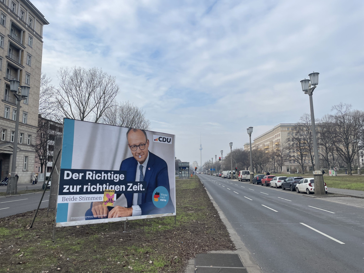 Picture shows election poster of CDU chancellor candidate Friedrich Merz