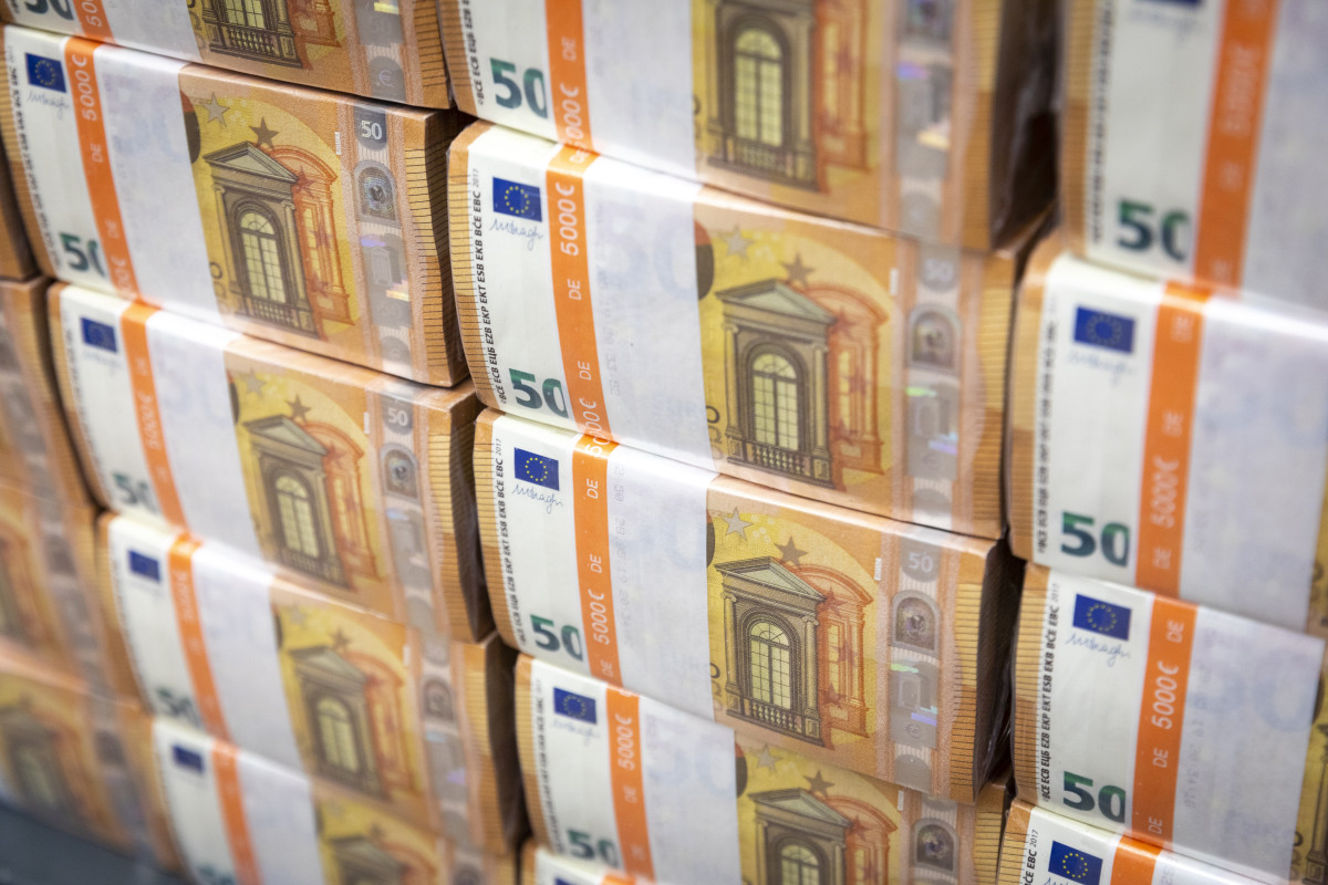 Picture shows bundles of 50 euro bills