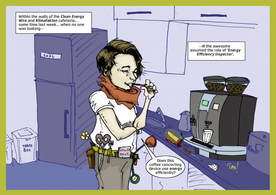 Illustration of an energy efficiency inspector testing a coffee machine in a cafeteria. Mwelwa Musonko. 