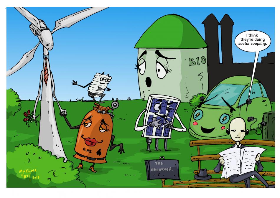 Illustration showing a wind turbine flirting with a gas tank, a heater with a biogas plant and an electric car with a solar panel. Illustration - Mwelwa Musonko.
