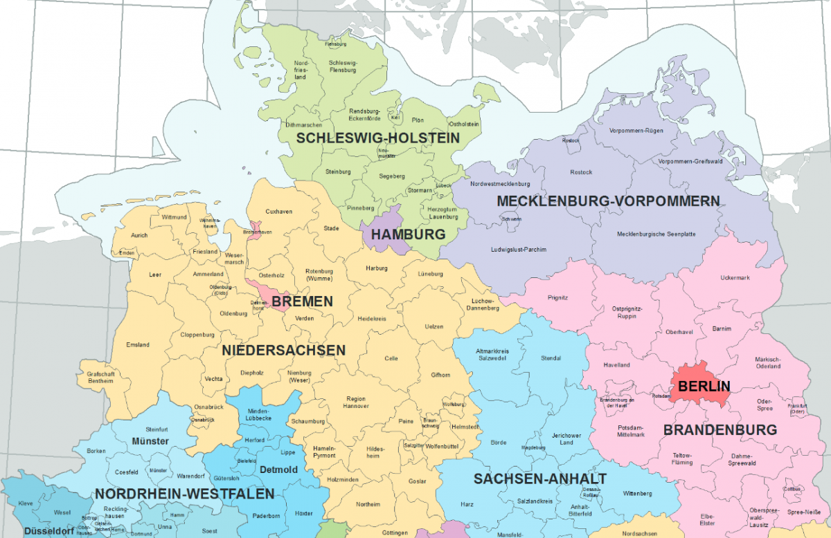 Berlin has limited space for local renewable power generation, but it can benefit from vast swathes of renewables production in the countryside of neighbouring states. Map: Bundesamt für Kartographie und Geodäsie, Frankfurt am Main. Map of northern Germany shows federal states. Map: Bundesamt für Kartographie und Geodäsie, Frankfurt am Main.