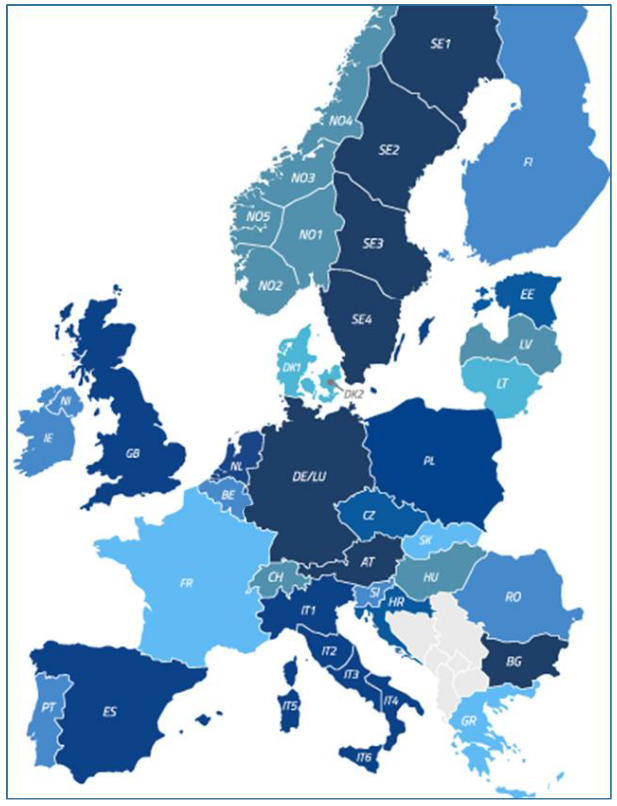 Bidding zones are areas in Europe in which a single (wholesale) electricity market price applies. Image: ACER.