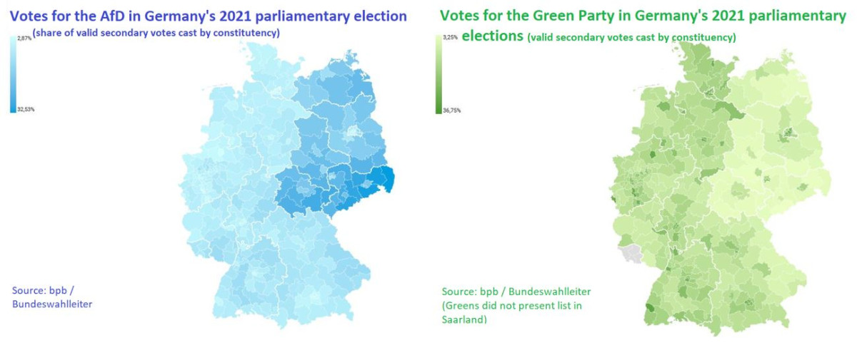 One country, two votes: differences in support for the AfD and the Greens let the former inner-German border become visible again.