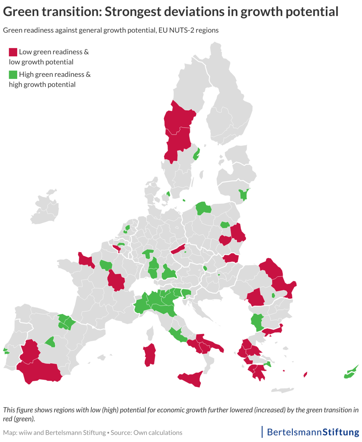 Source: Bertelsmann Stiftung Map of European regions showing Green readiness and general growth potential. Source: Bertelsmann Stiftung