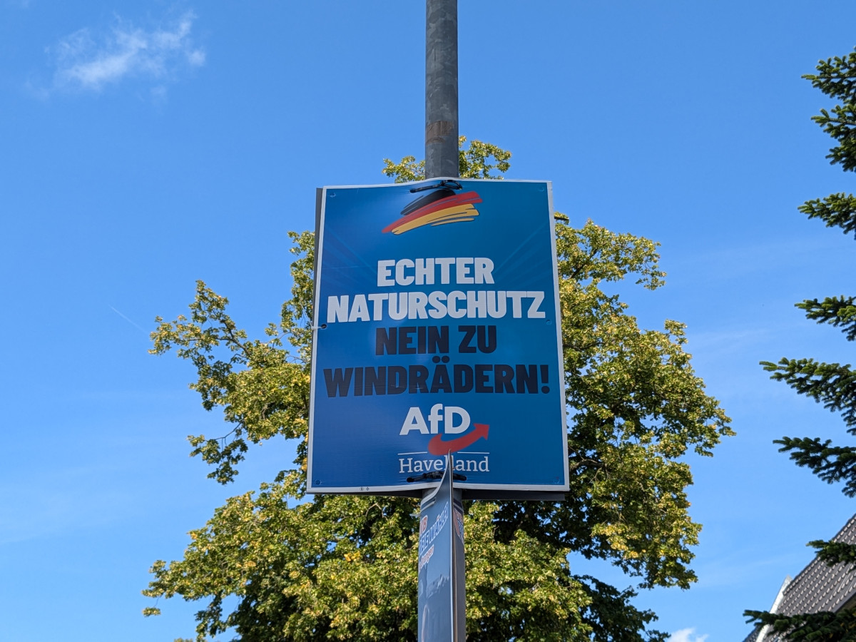 "True environmental protection - no to wind turbines" - AfD election poster in Brandenburg. Photo: Wettengel / CLEW