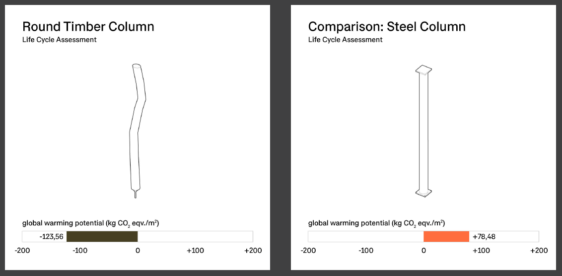 In Germany, robinia wood has not yet received standardised approval, despite its excellent properties for outdoor use and it having significantly lower carbon emissions compared to steel columns. Image: Bauhaus der Erde. In Germany, robinia wood has not yet received standardised approval, despite its excellent properties for outdoor use and it having significantly lower carbon emissions compared to steel columns. Image: Bauhaus der Erde.