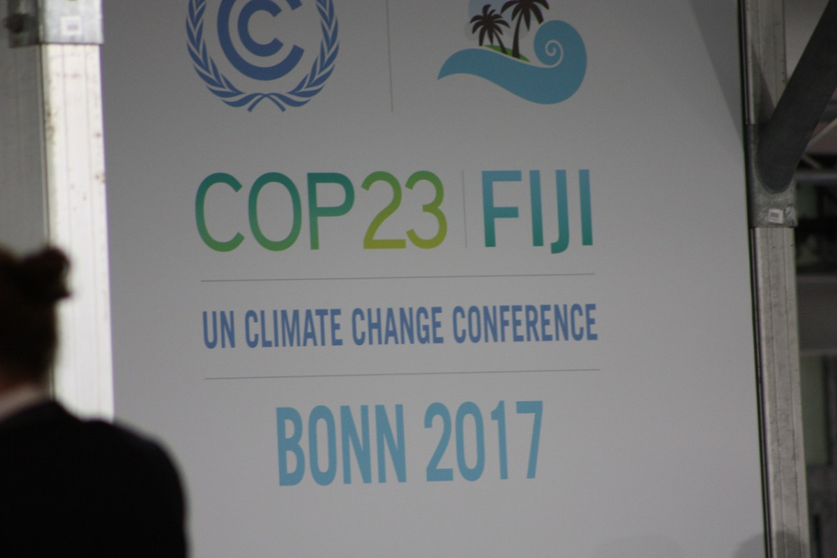 Photo shows sign at COP23 conference in Bonn, Germany in 2017. Photo: CLEW/Wettengel.