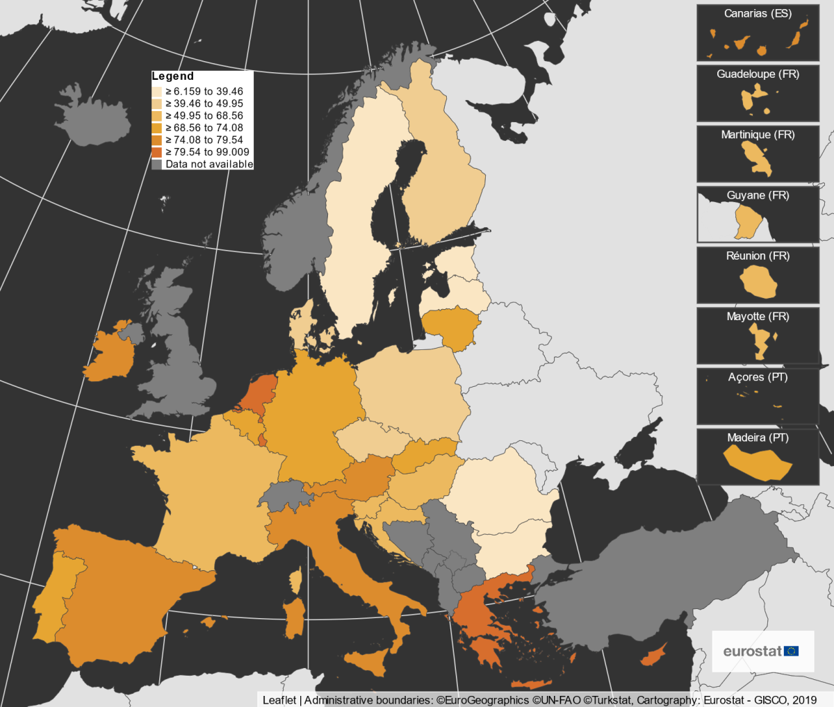 Energy import dependency in European countries in 2022 in percent of energy needs covered by net imports. Source: eurostat 2024. Map shows energy import dependency in European countries in 2022. Source: eurostat.