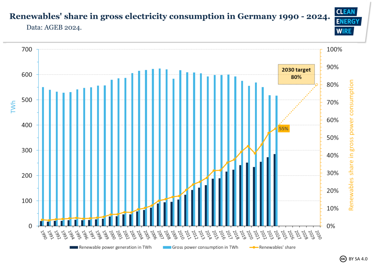 Graph shows renewables share in gross power consumption 1990-2024. Graph: CLEW 2024.