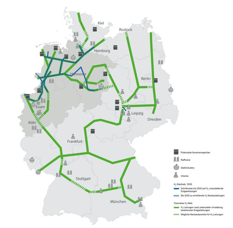 Initial H2 2030 grid in blue; later additions of