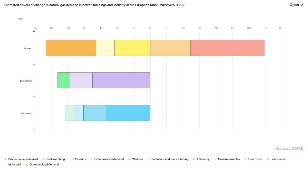 Source: IEA. Graph shows key reasons for the change in natural gas demand in the EU in 2022. Source: IEA.