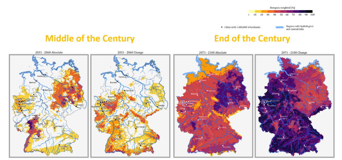 Predicted strength for climate change impacts in Germany. Source: UBA / KWRA 2021.