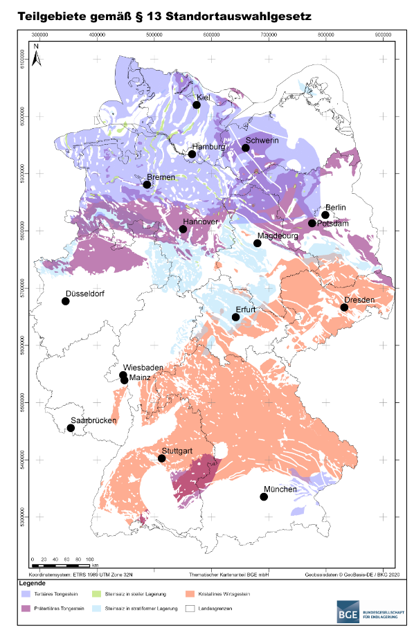 Over half of Germany is considered suitable for building an underground permanent disposal mine for high-level nuclear waste, according to the first report of the BGE. Map: BGE. Over half of Germany is considered suitable for building an underground permanent disposal mine for high-level nuclear waste, according to the first report of the BGE. Map: BGE.