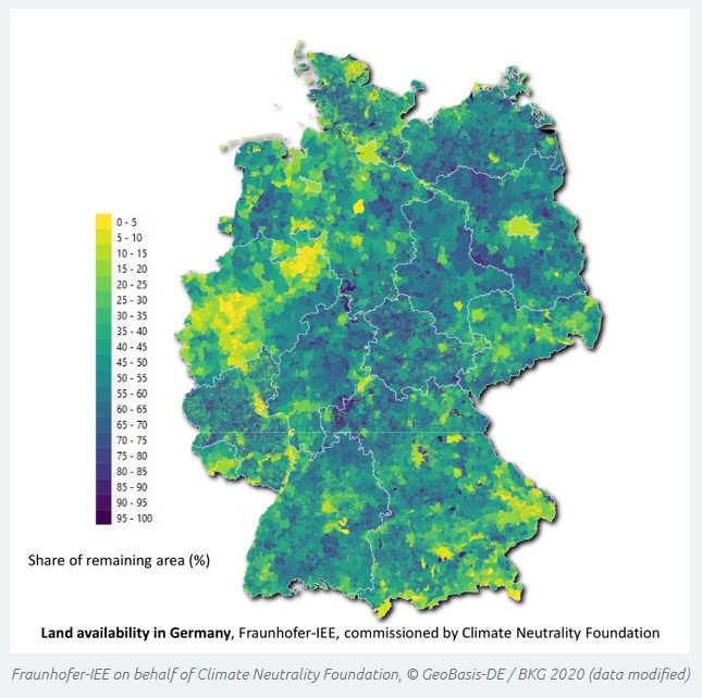 Land available for onshore wind in German municipalities: Yellow = low availability, purple = very high availability. Source: Climate Neutrality Foundation.