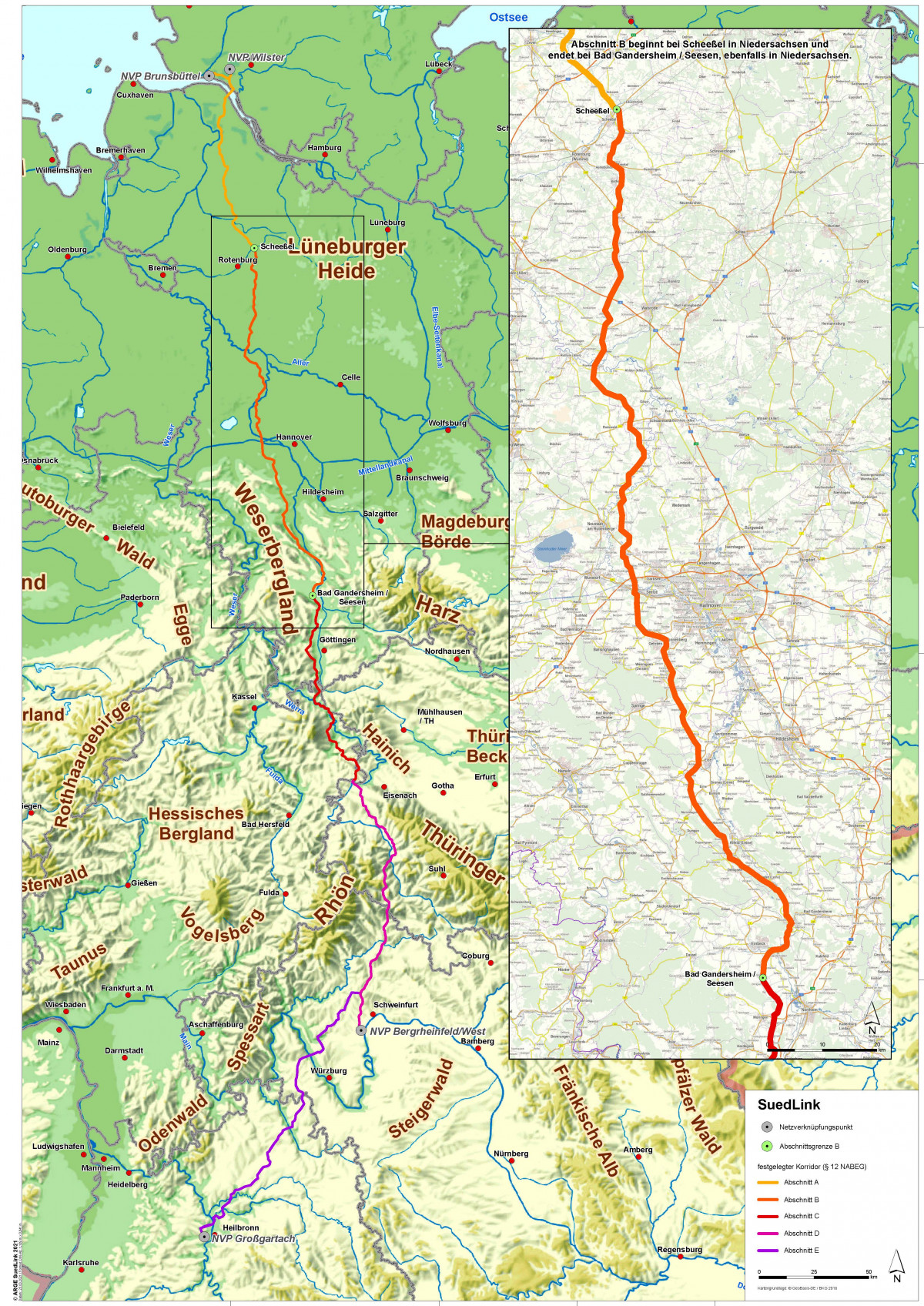 Source: TenneT / TransnetBW. Map shows SuedLink power line route in Germany. Source: TenneT / TransnetBW.