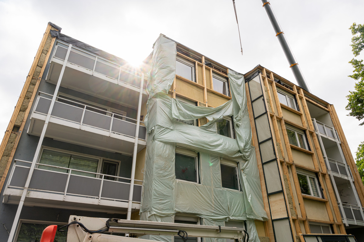 A block of flats undergoing energy efficiency modernisation.